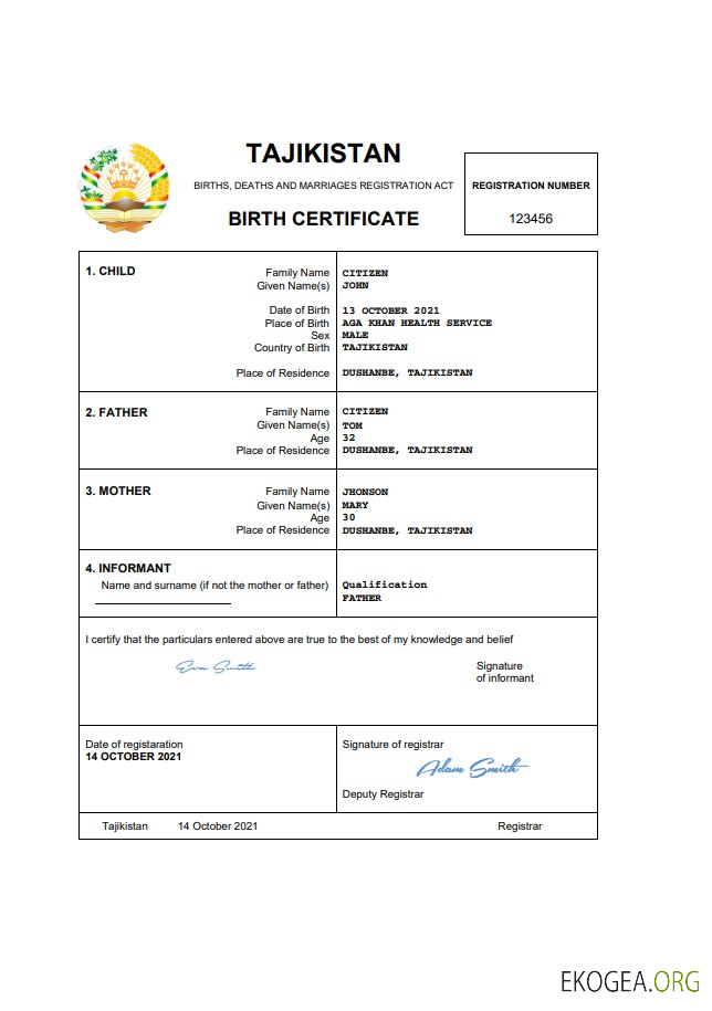 Modèle Word et PDF d'acte de naissance d'acte d'état civil du Tadjikistan